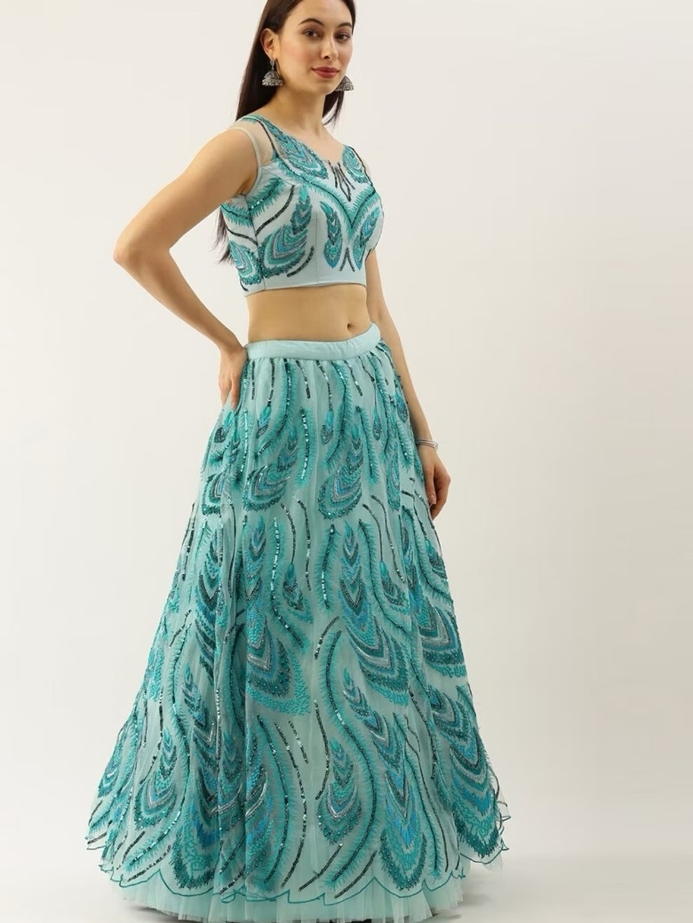 NWT Embellished Aqua Blue Lehenga with Sheer Dupatta - Picture 4 of 15